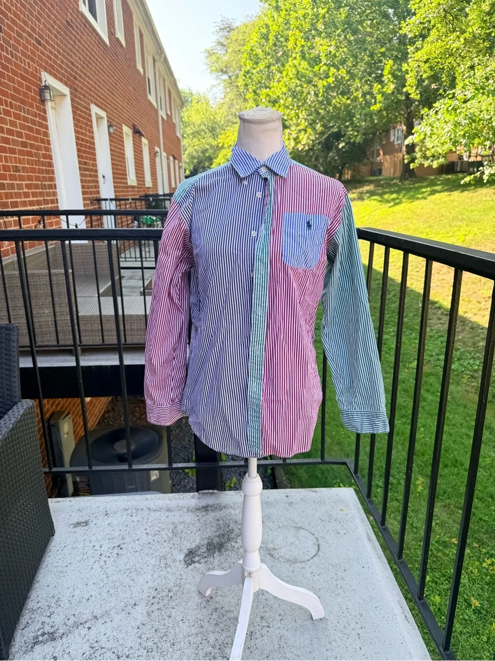 Ralph Lauren Blue, Green & White Striped Button-Up Shirt